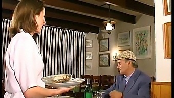Amateur French Brunette Takes On Two Guys In A Threesome At A Restaurant